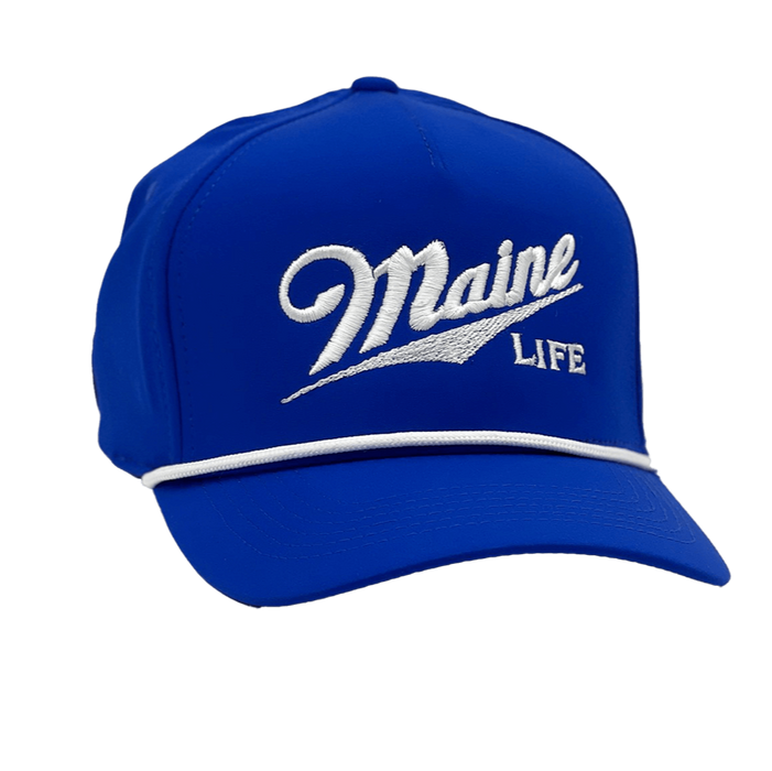 Performance 5-Panel Cap with visor cord in blue color and MAINE LiFE Embroidered lettering
