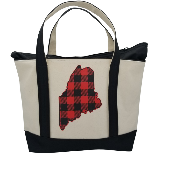 Maine Buffalo Plaid Large Tote Bag With Zipper Top