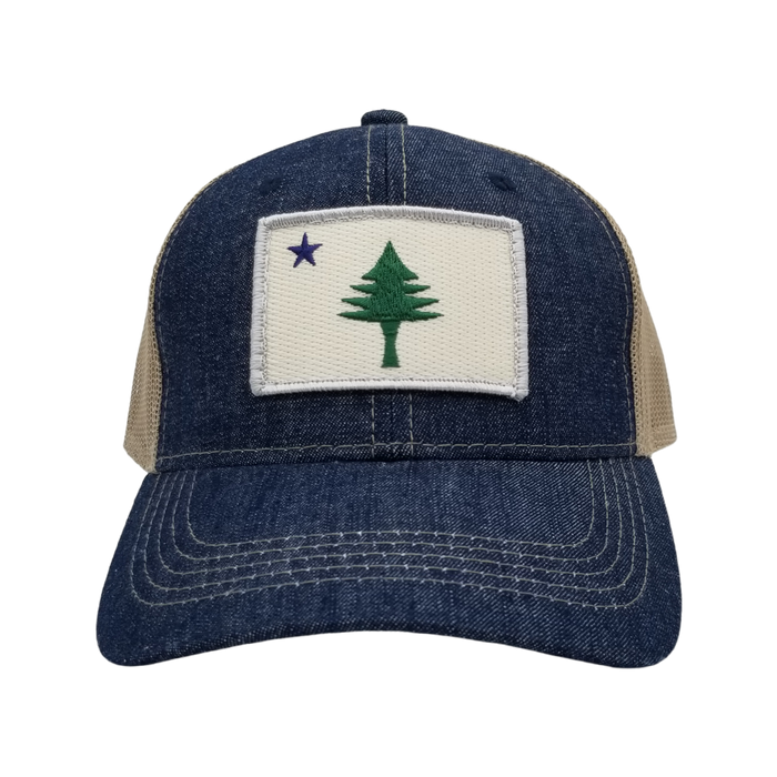 Maine Flag Embroidered Denim Trucker Hat - Denim Blue