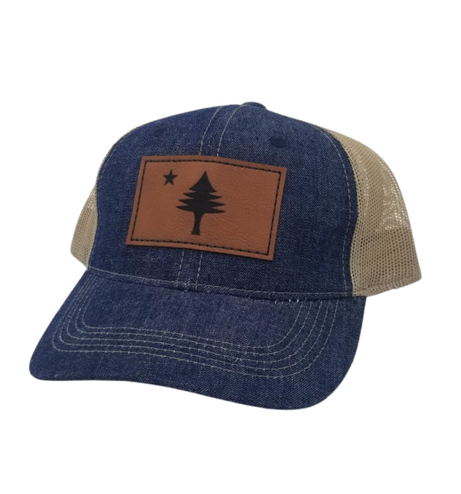 Maine Flag Leather Denim Trucker Hat - Navy